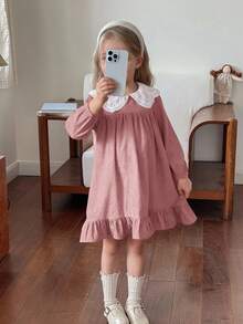 Emery Rose Kids Emery Rose Kids 兒童粉色夏季家庭套裝度假女童燈芯絨拼接蕾絲領長袖秋冬洋裝，休閒A字版生日服 - 藕粉色 - 查看 3