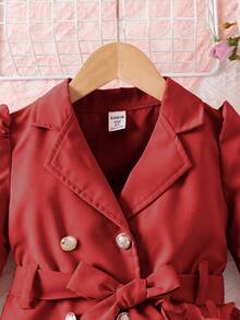 优雅少女外套，翻领，长袖，腰带，左侧蝴蝶网纱设计，迷人可爱 - 紅色 - 查看 4