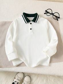 SHEIN Boys' Casual Loose Fit Solid Color Knit Long Sleeve POLO Shirt, Flat Collar, Suitable For New Year Party, Christmas Green Christmas  Outfits Thanksgiving Outfits For Boys Long Sleeve Top - White - View 6