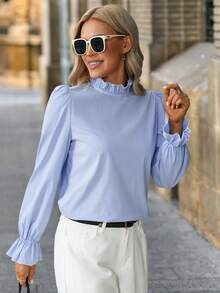 SHEIN Clasi Elegante Damenbluse mit blau-weißen Streifen und Mandarin-Kragen, Rüschenärmeln im französischen Stil, langärmliges vielseitiges Herbst-Büro-Basisshirt - Blau - Übersicht 5