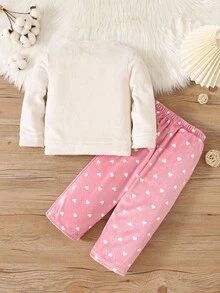 SHEIN 2pcs Tween Girls Cloud Pattern Embroidered Soft Flannel Long Sleeve Pajama Set, Comfortable For Autumn/Winter - Baby Pink - View 2