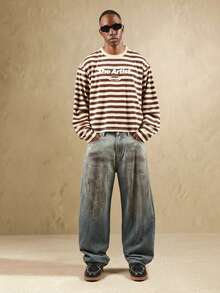 SUMWON 短款修身长袖落肩条纹T恤，饰有文字Logo，休闲街头风 - 彩色 - 查看 4