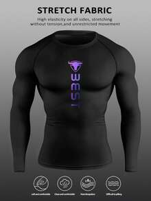 Manfinity Sport PWRUP Męska minimalistyczna koszulka sportowa z nadrukiem i okrągłym dekoltem, długim rękawem i kompresją - Czarne - Zobacz 1