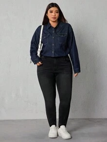 SHEIN ICON 大码女式高腰口袋保暖内衬紧身休闲百搭牛仔裤 - 黑色 - 查看 8
