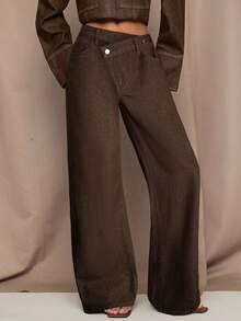 SHEIN BAE Quần jean ống rộng dáng rộng, túi eo bất đối xứng dành cho nữ - màu nâu - Xem 4