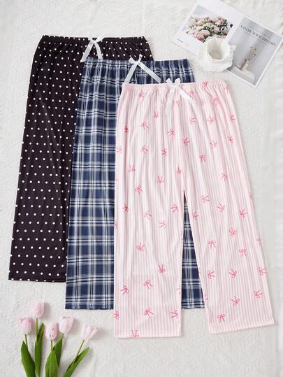SHEIN 3pcs Plus Size Women Sleep Pants Set - Bow, Polka Dot, Plaid Designs, Fall & Winter Clothes