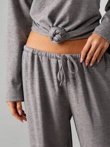 MISSGUIDED Marl Grey Long Sleeve Knot Detail Top And Wide Leg Balloon Pant Coordinating Set For Women Casual Loungewear - Grey - View 6