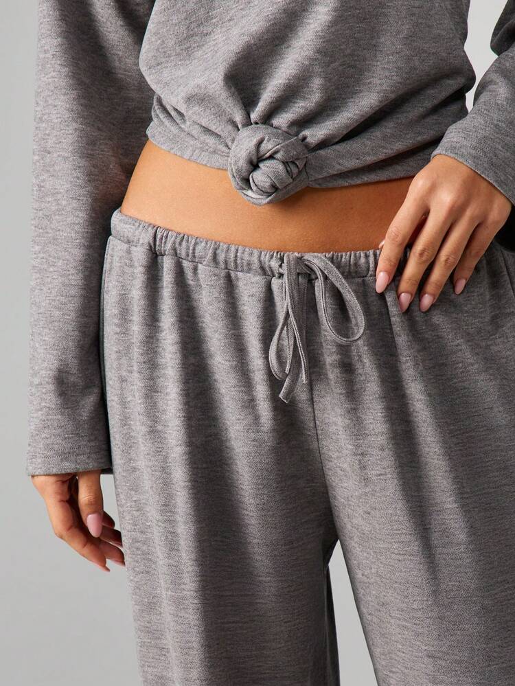 MISSGUIDED Marl Grey Long Sleeve Knot Detail Top And Wide Leg Balloon Pant Coordinating Set For Women Casual Loungewear