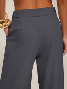 Silquee Quần ống rộng màu trơn đơn giản cho nữ, quần ống rộng, quần xếp ly, quần rộng cho mùa thu/đông - Màu xám đen - Xem 4