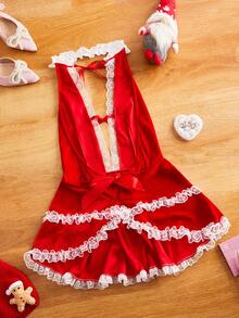 FairyFlirt 圣诞露背层叠蕾丝花边荷叶边天鹅绒蝴蝶结浪漫甜美可爱性感娃娃睡裙