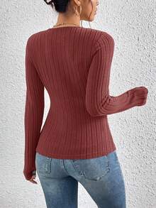SHEIN Frenchy Áo thun tay dài cổ chữ V raglan màu trơn thường ngày - Màu đỏ tím - Xem 2