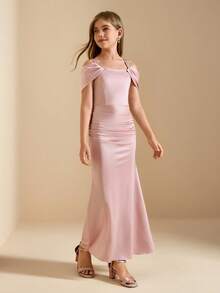 Tween Girl Elegant Charming Pink Spaghetti Strap Off-Shoulder Waist Cinched Luxurious Mermaid Hem Dress - Pink - View 4