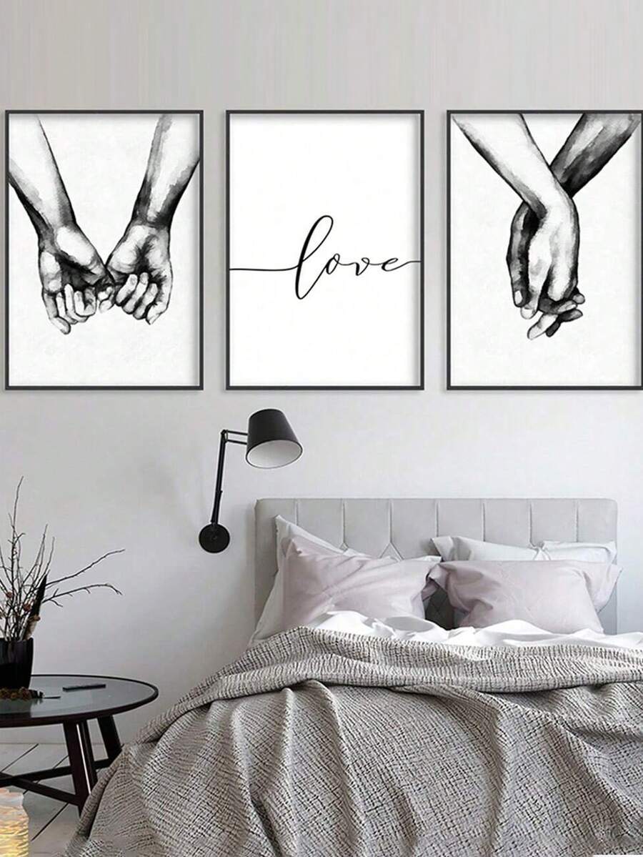 3Pcs/Set Hand In Hand Sweet Love Minimalist Home Decoration Wall Art Poster Canvas Print For Living Room Bedroom 3 Sizes Gifts Birthday Graduation - Multicolor - View 1