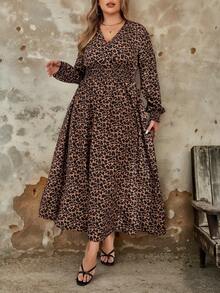 SHEIN LUNE Plus Size Fall Clothes All Over Print Shirred Leopard Long Sleeve Dress/Fall Dresses/Fall Women Outfits Fall Wedding Guest Dress Elegant Women Dresses Business Casual Woman Work Dress Business Dress