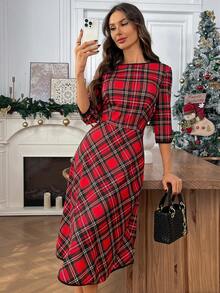 EMERY ROSE 女士圣诞格子收腰中长连衣裙 - 紅色 - 查看 5
