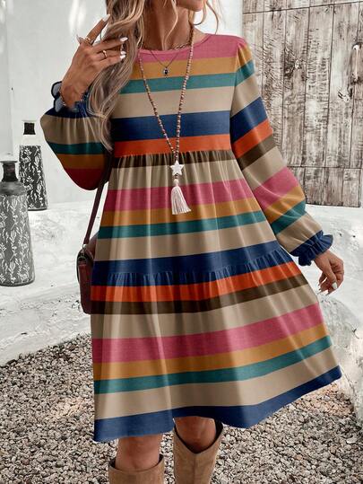 EMERY ROSE Casual Minimalist Autumn/Winter Colorblock Striped Pattern Loose Fit Crew Neck Plus Size Dress New Year Party