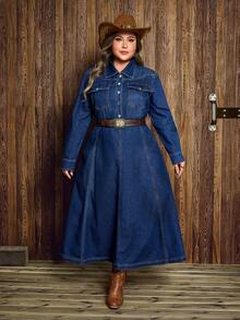 EMERY ROSE Plus Size Women Long Sleeve Button Half Placket Casual Washed Denim Shirt Dress - Dark Wash - View 3