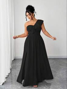 Elenzga Plus Size Women's Elegant Ruffle Trim Spaghetti Strap Solid Color Dress,Black,Autumn,Formal,Evening,Formal,Prom,Date Party,Wedding Season,Outdoor - Black - View 6