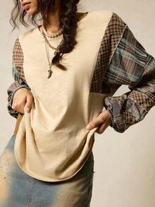 SoleilVie Áo sweatshirt dài tay màu trắng kẻ caro TXV thời trang thu/đông, kiểu dáng rộng rãi phong cách Bohemian, màu nâu, thích hợp cho các hoạt động mùa đông dành cho nữ dịp Giáng sinh và Năm mới. - Nhiều màu - Xem 3