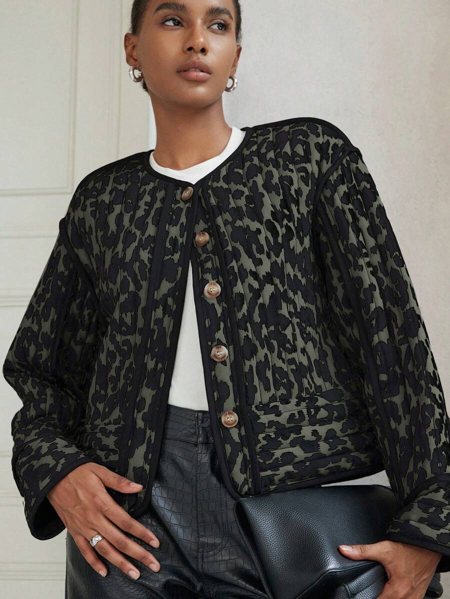Aveloria Modichic Random Black & White Leopard Print Quilted Trim Round Neck Commuter Vintage Style ShorPadded Coatet For Women - Olive Green - View 1