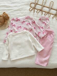 LMoss Kids Conjunto de 4 piezas de ropa de estar en casa para bebé niña con top casual de cuello redondo de punto y pantalones largos - Multicolor - Ver 2