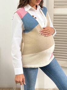 SHEIN Women Loose Fit Colorblock Deep V-Neck Faux Button Casual Maternity Sweater Vest - Multicolor - View 4