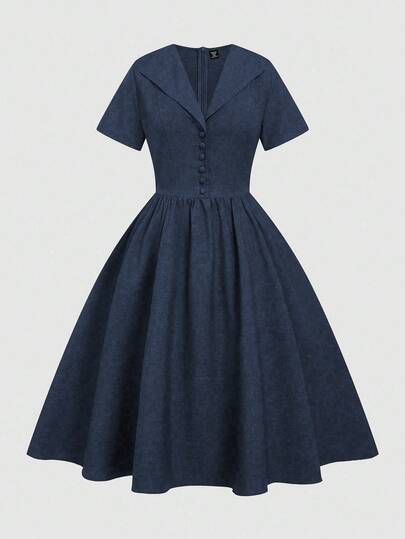 Sweetra Plus Size Women's Solid Color Lapel Short Sleeve Button Design Vintage Dress