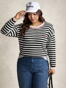 Zelara Plus Size Striped Pattern Embroidered Crew Neck Casual Long Sleeve Pullover Sweater, Winter Christmas Party Pullover Sweater - Black and White - View 5