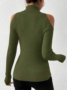 SHEIN Clasi Plus Size Winter Turtleneck Sweater,Olive Green,Autumn,Smart Casual,Date Night,Shoulder Cut-Out Design,Elegant Women Fall Basic Top For Party,Vacation - Army Green - View 2