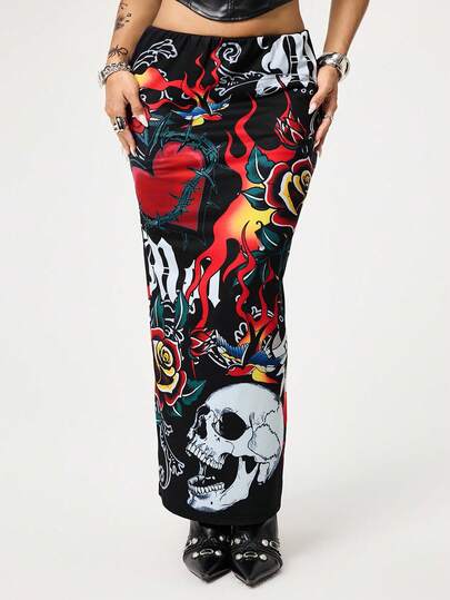 ROMWE Avant Plus Size Avant Halloween Skirt, Y2K Retro Villain Style Skull, Heart, Flame Print Skirt, Autumn/Winter Halloween Costume, Music Festival Party, Street Style