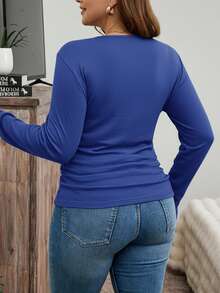 SHEIN LUNE 加大码冬季加厚圆领修身长袖保暖T恤，休闲日常假日穿着 - 藍色 - 查看 2