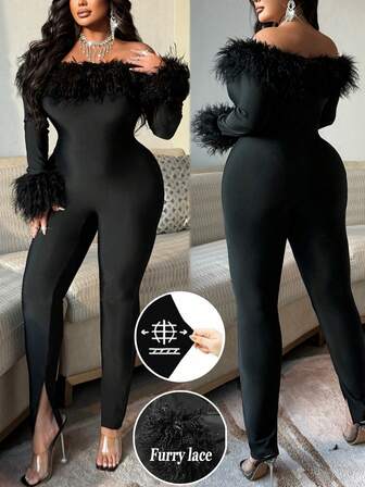 NU&NOW Plus Size Women Furry Decor Long Sleeve Jumpsuit, Romantic Date Night Party Clubwear, Design