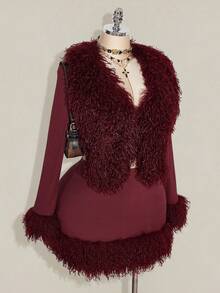 SHEIN ICON Plus Size Wine Red Faux Fur Collar Patchwork Knit Long Sleeve Bodycon Skirt Burgundy Outfit Women Maroon Outfits For Women/Winter Fringe Outfits Women