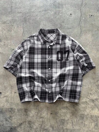 AXEPEAK Plus Size Men's Casual Plaid Front Button Short Sleeve Shirt, Summer