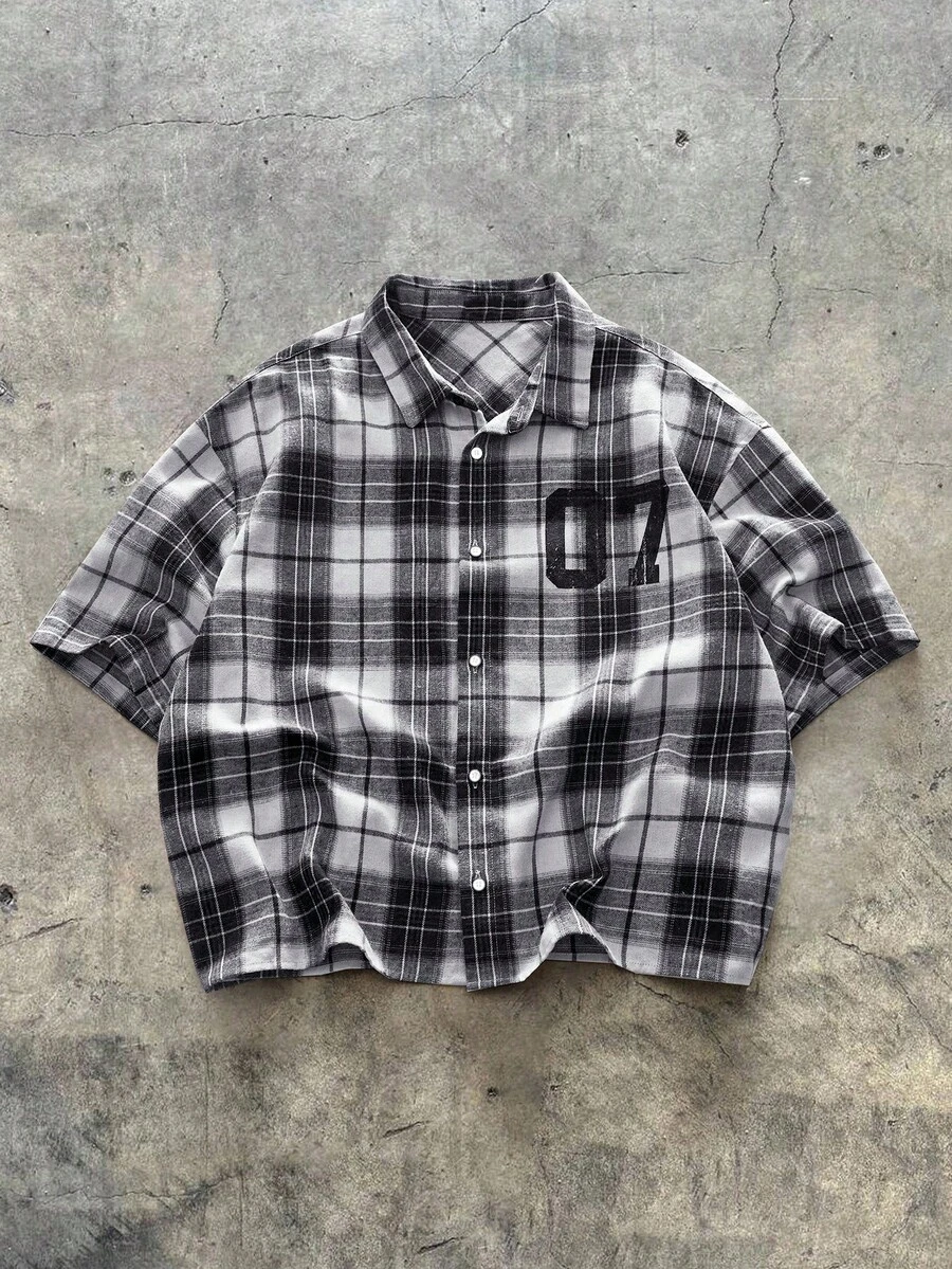 AXEPEAK Áo sơ mi nam tay ngắn cài nút phía trước, họa tiết kẻ caro cỡ lớn, mùa hè - màu đen - Xem 1