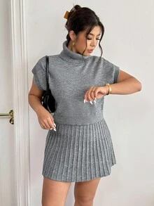 Lounesse 2件套女士加大码高领针织上衣和裙子套装 - 灰色 - 查看 5