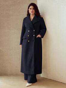 MOTF PREMIUM PLUS WOOL ELEGANT LAPEL COLLAR CINCHED WAIST METAL BUTTON OVERCOAT, AUTUMN/WINTER - Navy Blue - View 5