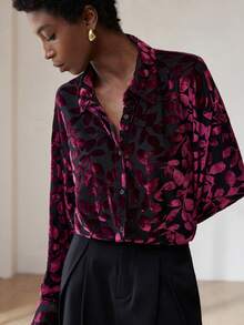 Aveloria Modichic Camisa holgada de manga larga con malla de terciopelo burdeos vintage