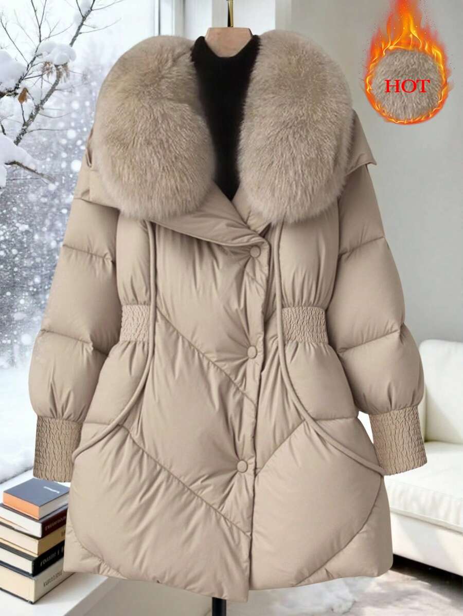 GlowEve CURVE Plus Size Women Long Padded Coat With Fur Collar - Khaki - View 1