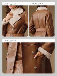 Anewsta 棕褐色仿毛皮领双排扣长款大衣，配腰带，优雅高档，秋冬款 - 咖啡棕 - 查看 9