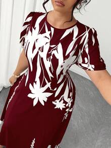 Elenzga Plus Size Women Elegant A-Line Waist Cinched Midi Dress, Flattering For Everyday & Commute - Burgundy - View 2