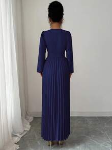 Elenzga 女士秋冬返校褶裥金属链装饰生日连衣裙，优雅婚礼宾客礼服 - 藏蓝色 - 查看 2