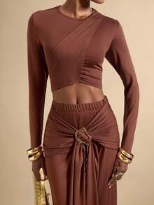 Lyxana Women's Fashion Ruched Elegant Metal 2 Pieces Set - Redwood - View 7
