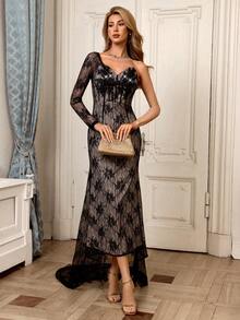 SHEIN Elenzya High-End Banquet Elegant Black Lace Dress, SexyDresss - Black - View 4