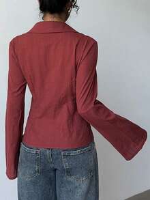 Flirla Women's Solid Color Minimalist Long Sleeve Shirt, Casual Everyday Wear - Brown - View 3