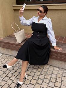 Dripcurv 大码女式秋冬黑白撞色优雅通勤中长连衣裙，优雅连衣裙，新年连衣裙，圣诞节女装，感恩节女装，派对连衣裙 - 黑與白 - 查看 1