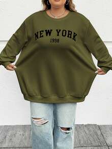 SHEIN CURVE+ 秋冬大码休闲宽松纽约图案圆领长袖女式运动衫 - 軍綠色 - 查看 5