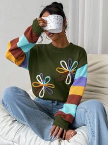 EMERY ROSE Casual Colorblock Striped 3D Floral Decor Sweater, Autumn/Winter