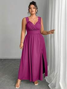 Elenzga Plus Size V-Neck Contrast Lace Spaghetti Strap Flared Hem Bodycon Dress With Slit - Purple - View 3