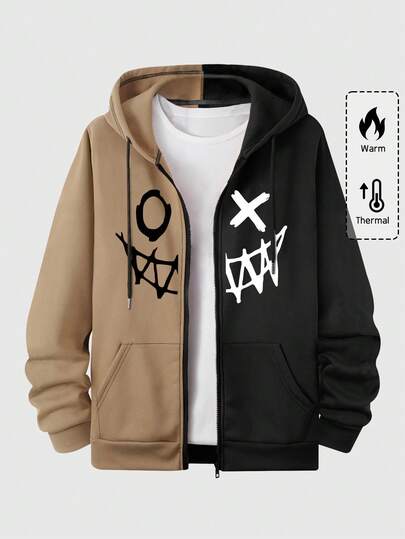 ROMWE MEN Street Life Men Cartoon Graphic Zip Up Two Tone Drawstring Hoodie Without Tee, School , Fall Winter